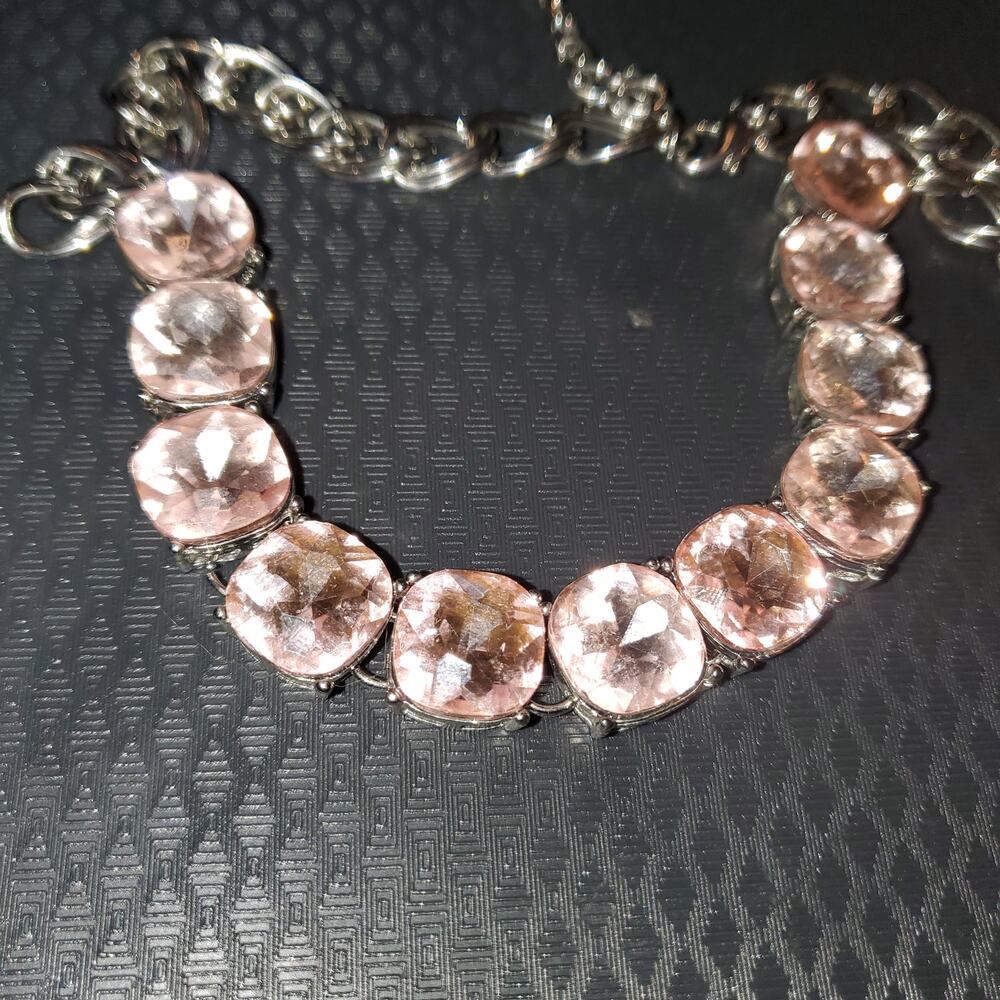 Statement Mixed Pink Crystal&Silver Curb Chain Choker Necklace Edgy Glam Punk